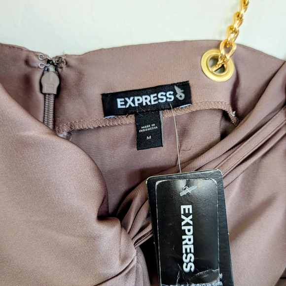Express Satin Slip Dress in Mauve Taupe with Chain Straps Midi - Picture 4 of 12
